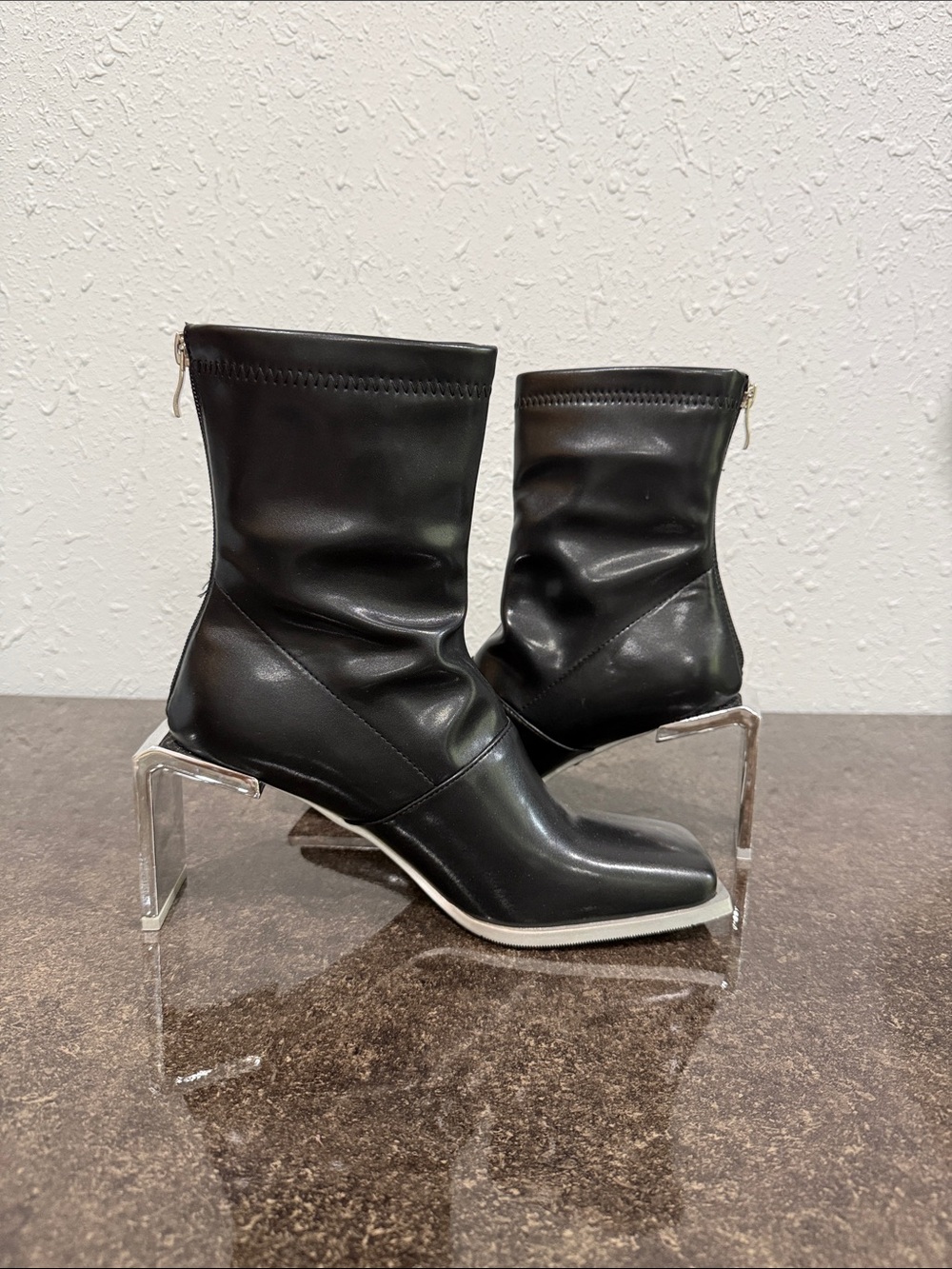 AZALEA WANG ANANT BLACK METAL OUTSOLE BOOTIE SQUARE TOE BOOTS SIZE 8.5 - Picture 6 of 14